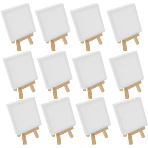 5" x 5" Stretched Canvas with 8" High Small Natural Wooden Easel (12 Pack), A-Frame Canvas Stand Tripod, Small Painting Easels - Tabletop Easel for Painting, Canvases, Student Crafts