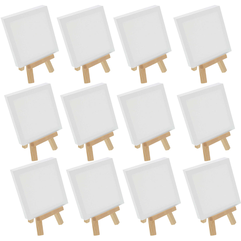5" x 5" Stretched Canvas with 8" High Small Natural Wooden Easel (12 Pack), A-Frame Canvas Stand Tripod, Small Painting Easels - Tabletop Easel for Painting, Canvases, Student Crafts