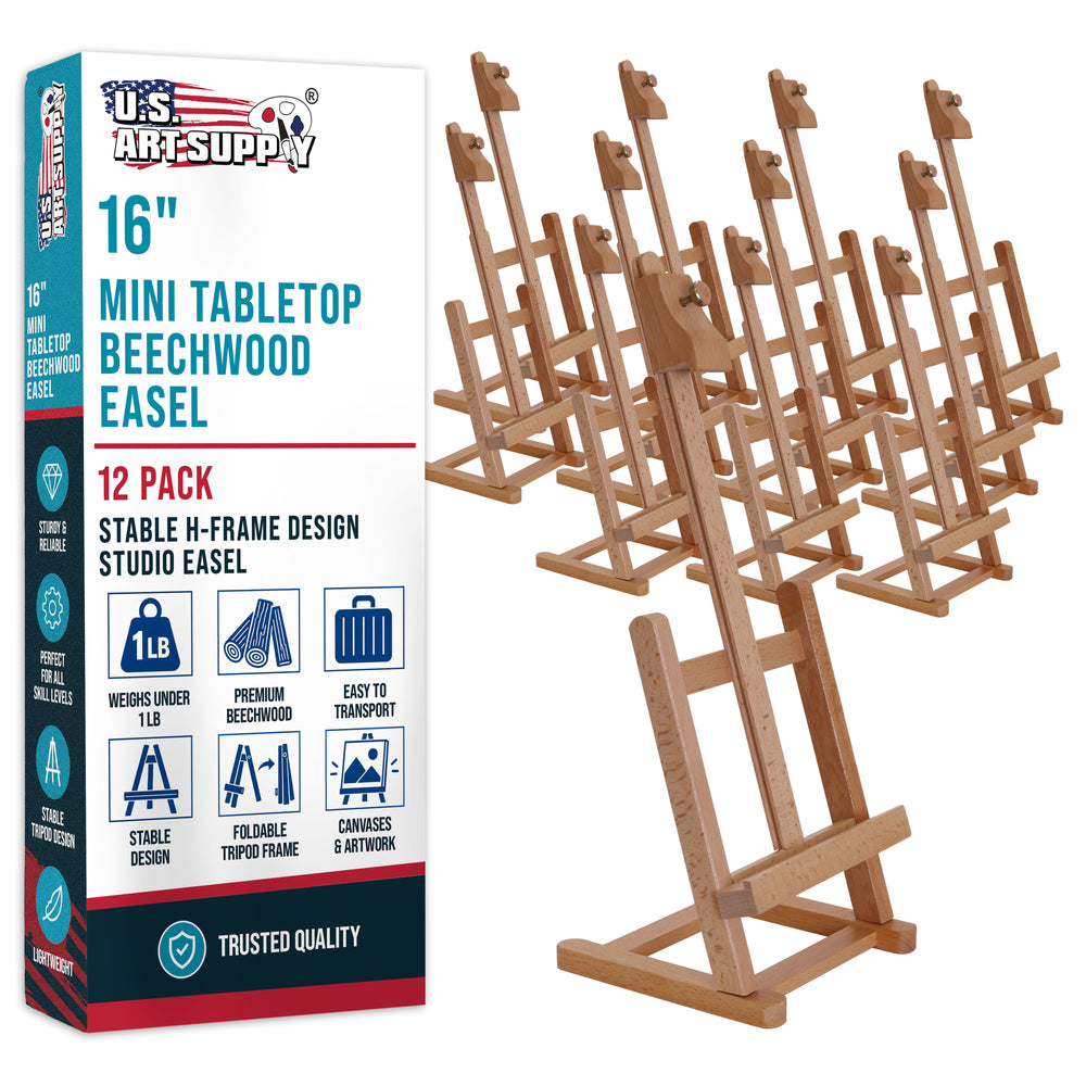 16" Mini Tabletop Wooden H-Frame Studio Easel (Pack of 12) - Artists Adjustable Beechwood Painting and Display Easel, Holds Up To 12" Canvas, Holder
