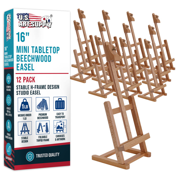 16" Mini Tabletop Wooden H-Frame Studio Easel (Pack of 12) - Artists Adjustable Beechwood Painting and Display Easel, Holds Up To 12" Canvas, Holder