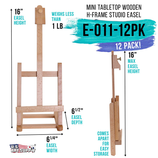16" Mini Tabletop Wooden H-Frame Studio Easel (Pack of 12) - Artists Adjustable Beechwood Painting and Display Easel, Holds Up To 12" Canvas, Holder