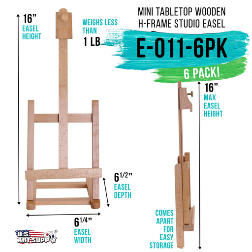 U.S. Art Supply 16" Mini Tabletop Wooden H-Frame Studio Easel (Pack of 6) - Adjustable Beechwood Painting and Display Easel, Holds Up To 12" Canvas