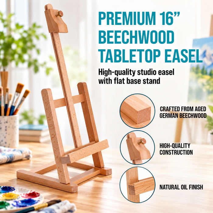 16" Mini Wooden Studio Tabletop Easel - H-Frame Artists Adjustable Painting and Display Stand, Holds Up to 12" Canvas - Portable Table Top Easel for Painting, Artwork