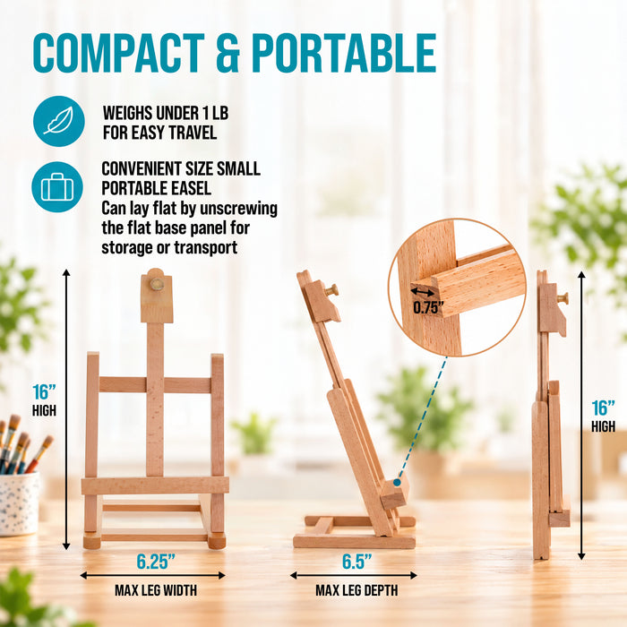 16" Mini Wooden Studio Tabletop Easel - H-Frame Artists Adjustable Painting and Display Stand, Holds Up to 12" Canvas - Portable Table Top Easel for Painting, Artwork