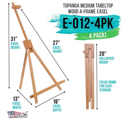 Topanga 31" High Tabletop Wood Folding A-Frame Artist Studio Easel (4 Pack) - Adjustable Beechwood Tripod Display Stand, Holds Up To 27" Canvas