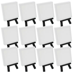 3" x 3" Stretched Canvas with 5" Mini Easel Kit (12 Pack) - Black Wooden A-Frame Tabletop Display Stand, Mini Easel Stand - Small Easels for Display, Small Canvases, Crafts, Photos