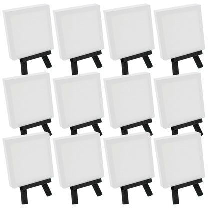 3" x 3" Stretched Canvas with 5" Mini Easel Kit (12 Pack) - Black Wooden A-Frame Tabletop Display Stand, Mini Easel Stand - Small Easels for Display, Small Canvases, Crafts, Photos