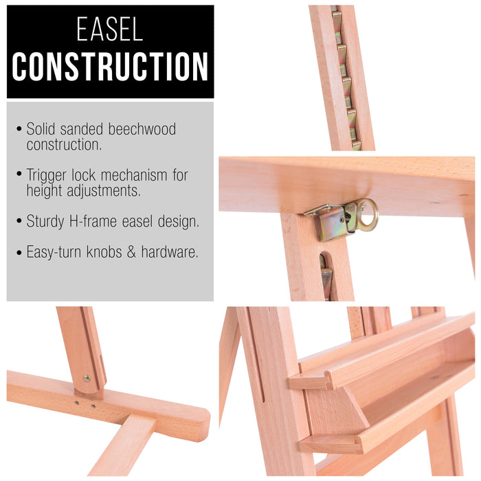 Medium Wooden H-Frame Studio Easel with Artist Storage Tray - Mast Adjustable to 96" High, Holds Canvas to 48 " - Sturdy Beechwood Holder Floor Stand