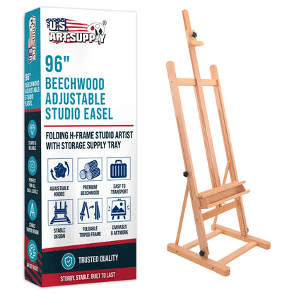 Medium Wooden Studio H Frame Easel with Storage Tray - Adjustable to 96" High, Holds Canvas up to 48" - Beechwood Artist Easel for Painting, Art Display Stand, Portraits