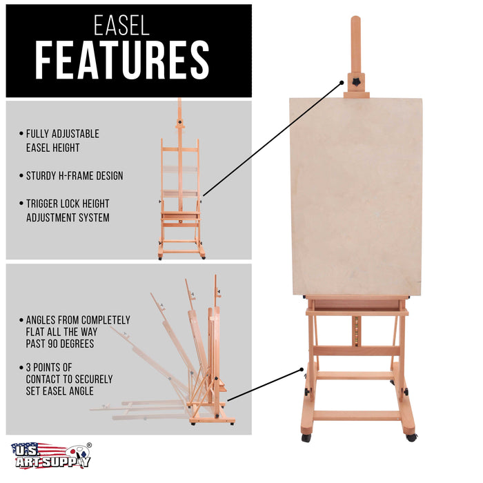 Medium Wooden H-Frame Studio Easel with Artist Storage Tray and Wheels - Mast Adjustable to 96" High, Holds Canvas to 48" Sturdy Beechwood Floor Stand