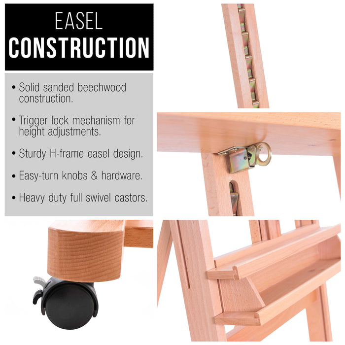 Medium Wooden Studio H Frame Easel with Storage Tray and Wheels - Adjustable to 96" High, Holds 48" Canvas - Beechwood Artist Easel for Painting, Art Display, Portraits