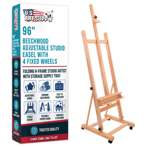 Medium Wooden Studio H Frame Easel with Storage Tray and Wheels - Adjustable to 96" High, Holds 48" Canvas - Beechwood Artist Easel for Painting, Art Display, Portraits