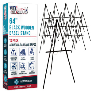 64" Black Wooden Easel Stand (12 Pack) - Adjustable A-Frame Tripod for Painting, Drawing & Signs - Lightweight Easels, Wood Easel Stand for Sign Wedding Display 40" Canvas Capacity