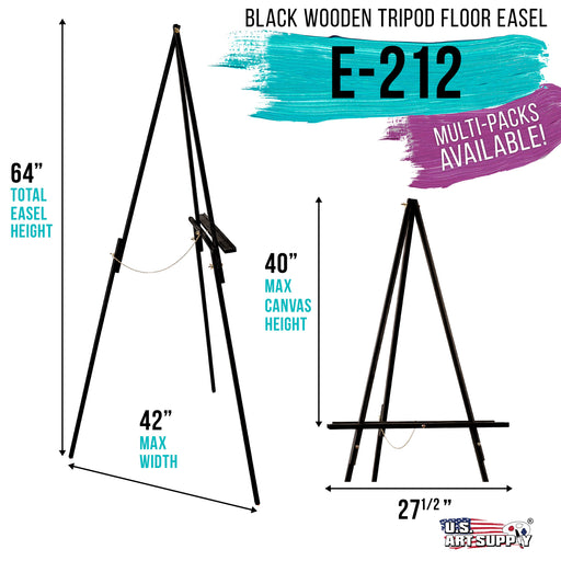 64" High Black Torrey Wooden A-Frame Tripod Studio Artist Floor Easel, Adjustable Tray Height, Hold 40" Canvas, Wood Display Holder Stand for Painting
