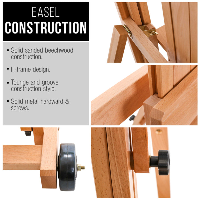 Master Multi-Function Studio Artist Wooden Floor Easel - Large Heavy Duty Adjustable H-Frame, Tilts Flat, Mast Adjusts to 97" High - Beechwood Painting Canvas Holder Stand with Wheels