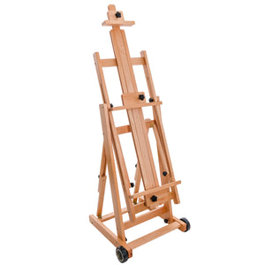 Master Multi-Function Studio Artist Wooden Floor Easel - Large Heavy Duty Adjustable H-Frame, Tilts Flat, Mast Adjusts to 97" High - Beechwood Painting Canvas Holder Stand with Wheels