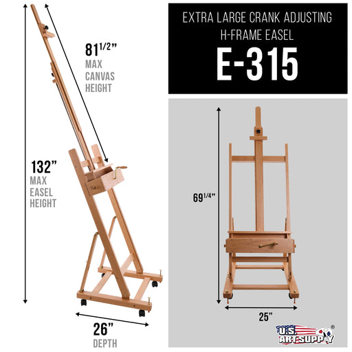 Rocker Crank Wooden Adjustable Studio Easel - Extra Large Heavy Duty H-Frame, Mast to 132", Canvas to 81", Artist Storage Tray, Drawers - Beechwood
