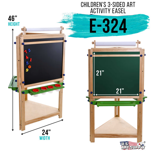 Three Sided Art Station, Wooden Activity Easel with Paper Roll & Shelf - Easel for Drawing, Magnetic Whiteboard, Chalkboard Artist Station & Plastic Paint Cups