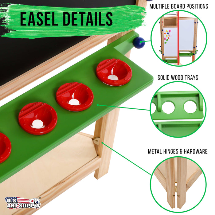 Three Sided Art Station, Wooden Activity Easel with Paper Roll & Shelf - Easel for Drawing, Magnetic Whiteboard, Chalkboard Artist Station & Plastic Paint Cups
