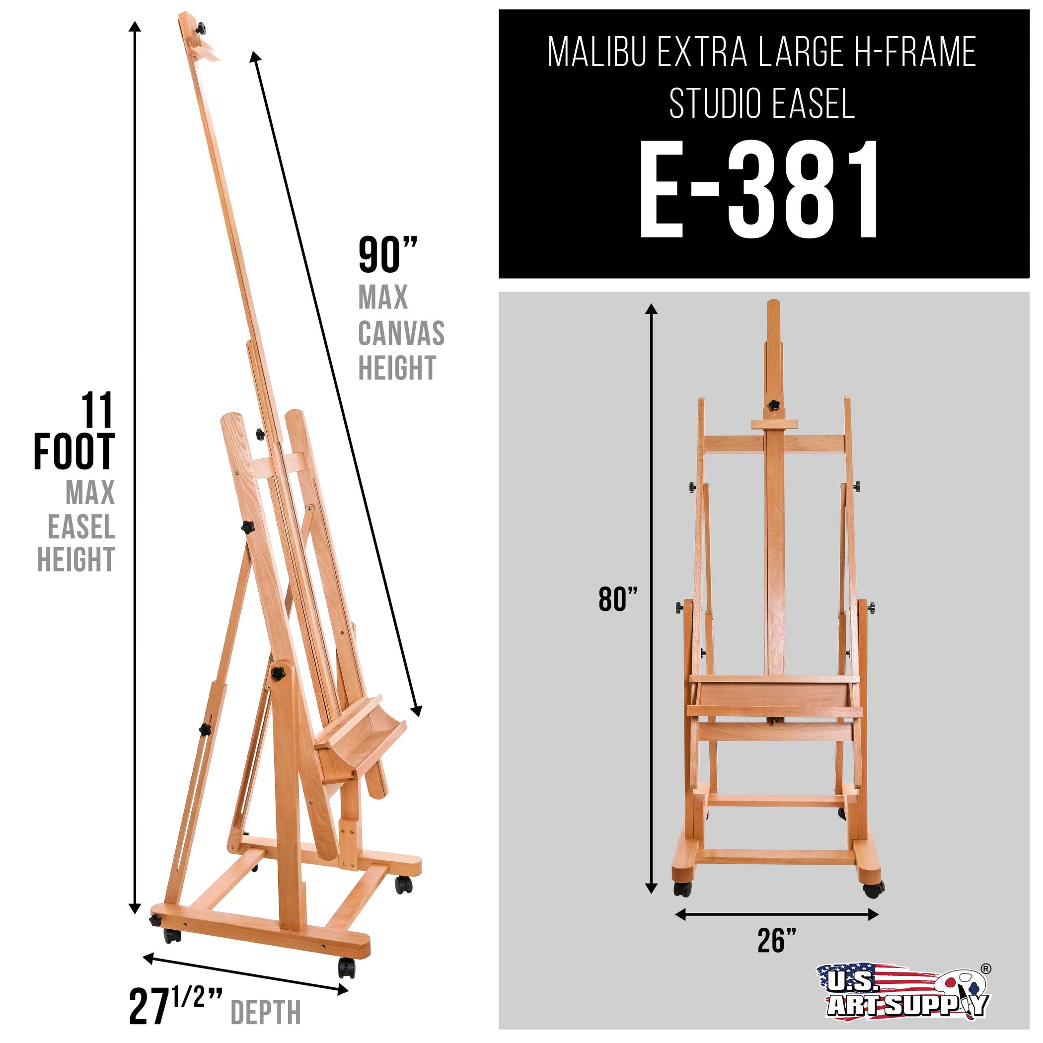 U.S. Art Supply Malibu Adjustable Wooden HFrame Studio Easel, Artist