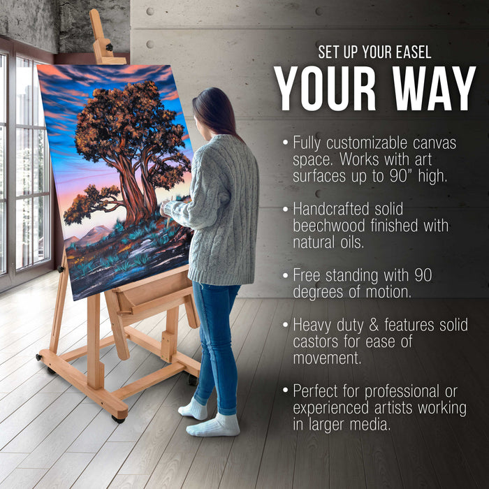 Malibu Heavy Duty Extra Large Adjustable H-Frame Studio Easel, Artist Storage Tray - Tilts Flat, Sturdy Wooden Beech Wood Painting Canvas Holder Stand