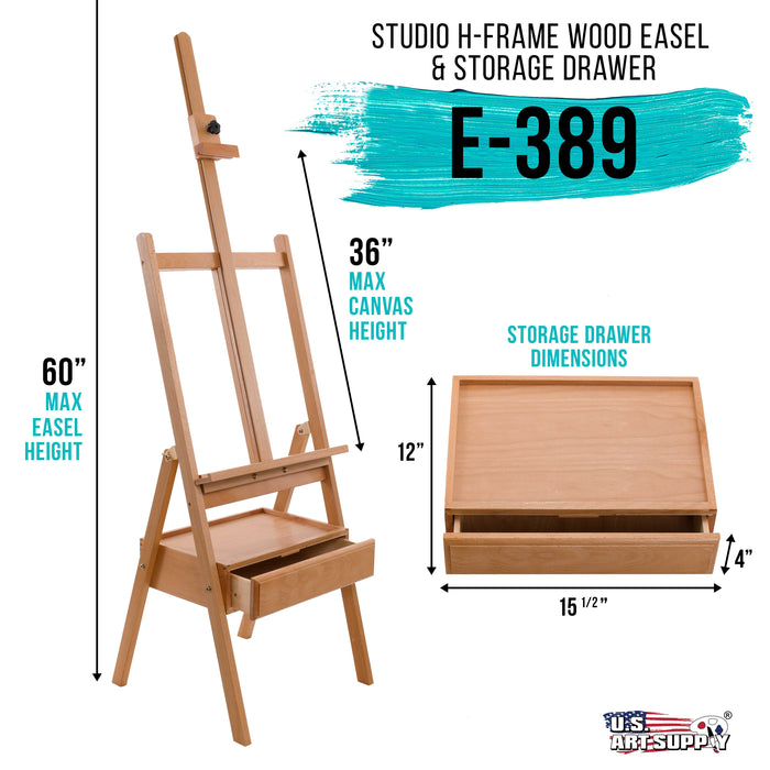 Large Wooden H-Frame Studio Easel with Artist Storage Drawer and Shelf - Mast Adjustable to 75" High, Sturdy Beechwood Canvas Holder Stand - Organized
