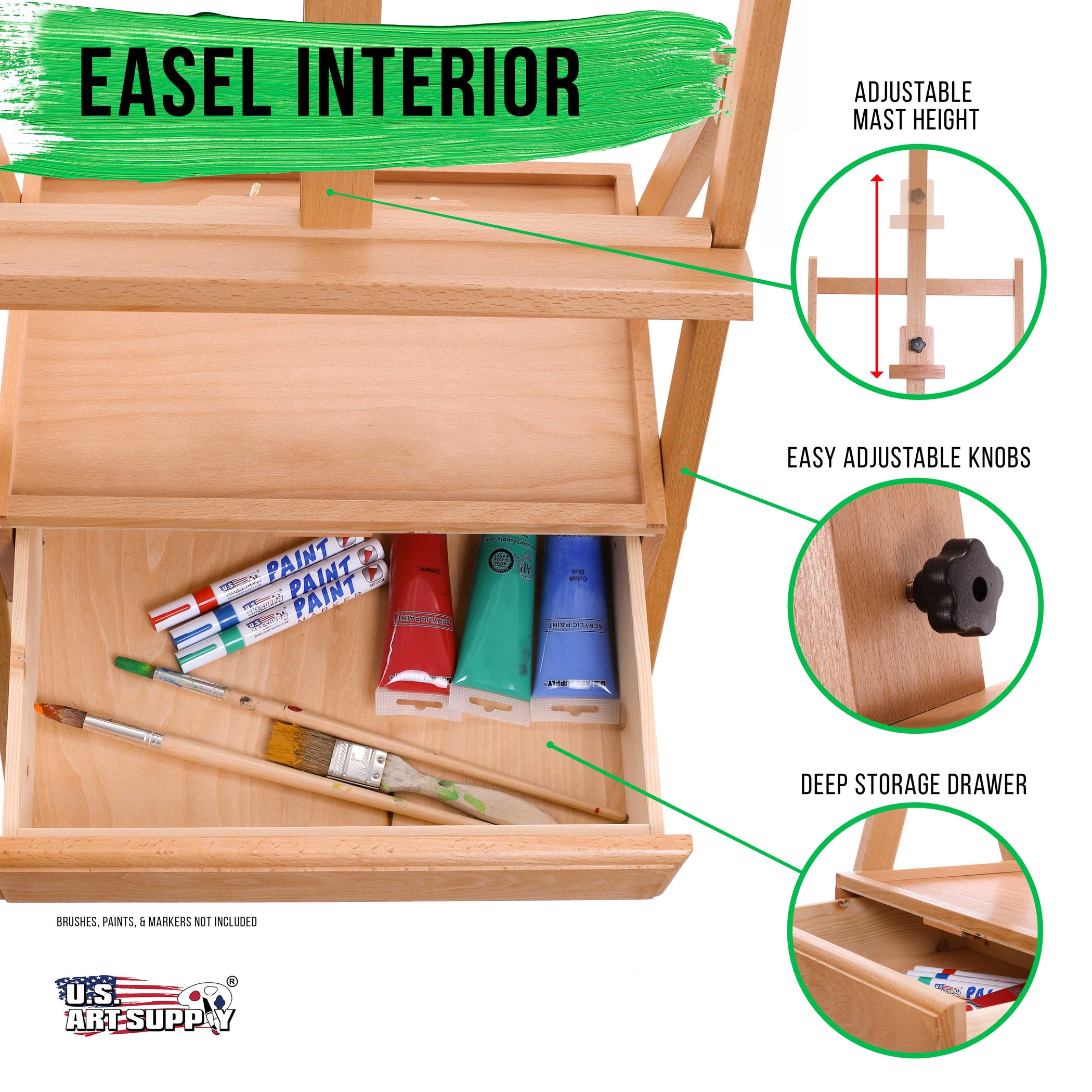 U.S. Art Supply Wooden H-Frame Studio Easel 75", Artist Storage Drawer