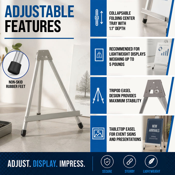 15" High Aluminum Tabletop Display Easel for Painting (10 Pack), Adjustable Folding Stand - Portable Art Easel for Displaying Canvas, Whiteboards, Posters, Signs, Pictures, Paintings