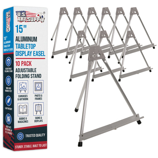 15" High Aluminum Tabletop Display Easel for Painting (10 Pack), Adjustable Folding Stand - Portable Art Easel for Displaying Canvas, Whiteboards, Posters, Signs, Pictures, Paintings
