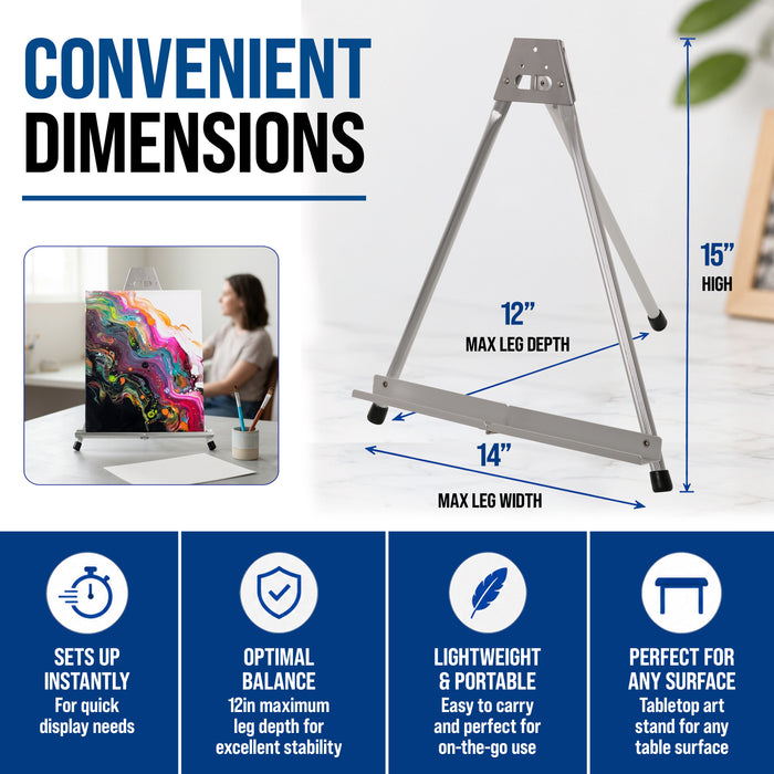 15" High Aluminum Tabletop Display Easel for Painting (4 Pack), Adjustable Folding Stand - Portable Art Easel for Displaying Canvas, Whiteboards, Posters, Signs, Pictures, Paintings