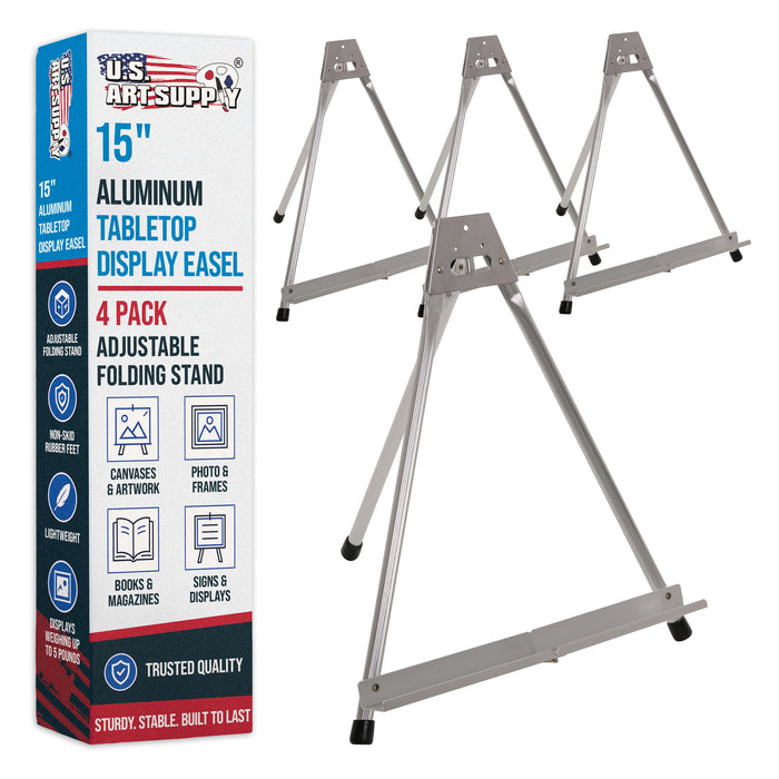 15" High Aluminum Tabletop Display Easel for Painting (4 Pack), Adjustable Folding Stand - Portable Art Easel for Displaying Canvas, Whiteboards, Posters, Signs, Pictures, Paintings