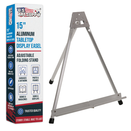 15" High Aluminum Tabletop Display Easel for Painting, Adjustable Folding Stand - Portable Art Easel for Displaying Canvas, Whiteboards, Posters, Signs, Pictures, Paintings