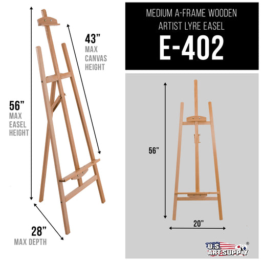 U.S. Art Supply 56" High Medium A-Frame Wood Easel, Lyre Style Studio - Artists Floor Stand, Sturdy Beechwood, Adjustable Height 43" Canvas, Painting