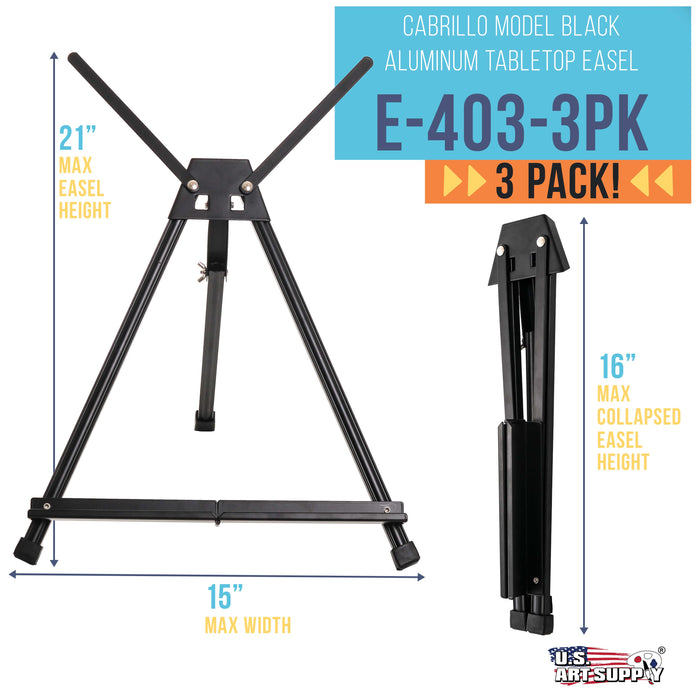 15" to 21" High Adjustable Black Aluminum Tabletop Display Easel (Pack of 3) - Portable Artist Tripod Stand with Extension Arm Wings, Folding Frame