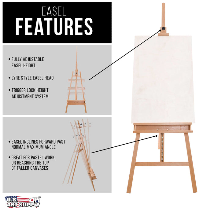 Sunset 64" to 89" High Lyre Style Studio A-Frame Easel with Artist Storage Tray - Sturdy Beechwood, Inclinable Mast, Adjustable Height To 48" Canvas