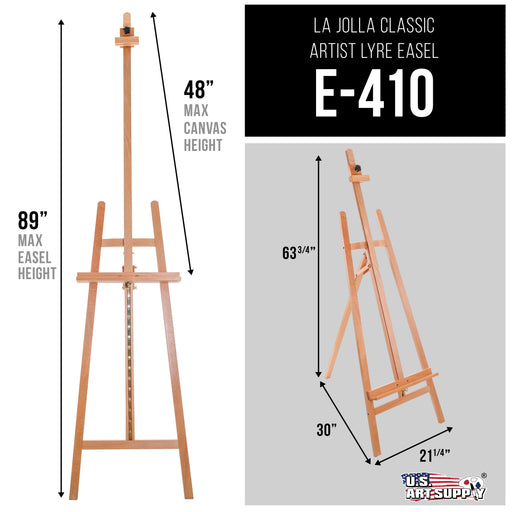 La Jolla Classic 64" to 89" High Lyre Style Studio A-Frame Easel - Artists Floor Stand, Sturdy Beechwood, Adjustable Height To 48" Canvas - Painting