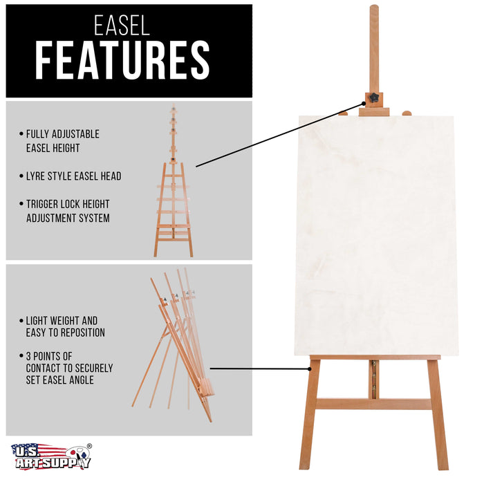 La Jolla Classic 64" to 89" High Lyre Style Studio A-Frame Easel - Artists Floor Stand, Sturdy Beechwood, Adjustable Height To 48" Canvas - Painting