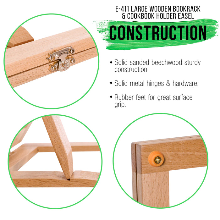 Wooden Table Bookrack Easel Cookbook Stand Textbook Tablet Rest - Premium Beechwood, Adjustable Incline - Portable Wood Kitchen Countertop Recipe Rack
