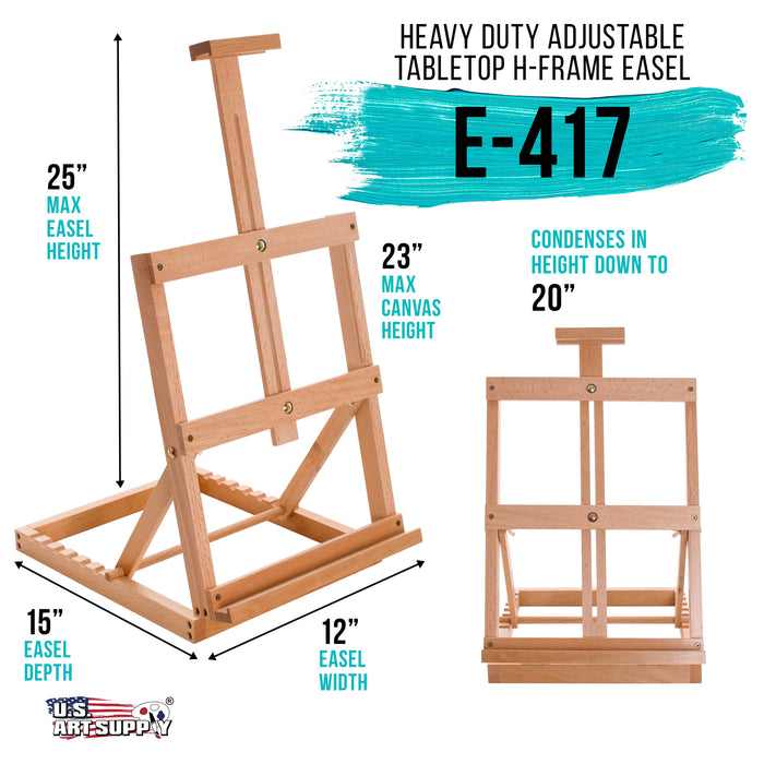 Venice Heavy Duty Tabletop Wooden H-Frame Studio Easel, Artists Adjustable Beechwood Painting & Display Easel, Holds Up To 23" Canvas, Portable Sturdy