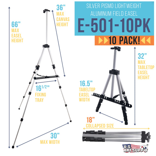 66" Sturdy Silver Aluminum Tripod Artist Field and Display Easel Stand, 10 Pack - Adjustable Height 20" to 5.5 Feet, Holds 32" Canvas - Floor Tabletop