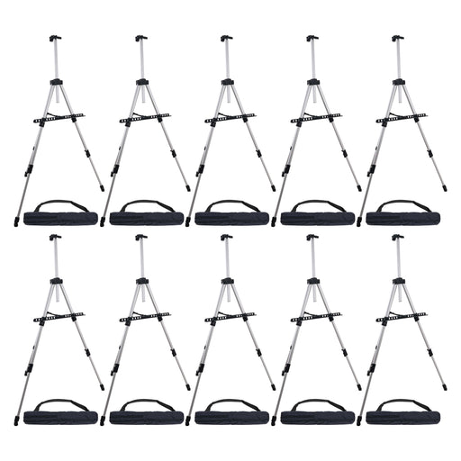 66" Sturdy Silver Aluminum Tripod Artist Field and Display Easel Stand, 10 Pack - Adjustable Height 20" to 5.5 Feet, Holds 32" Canvas - Floor Tabletop