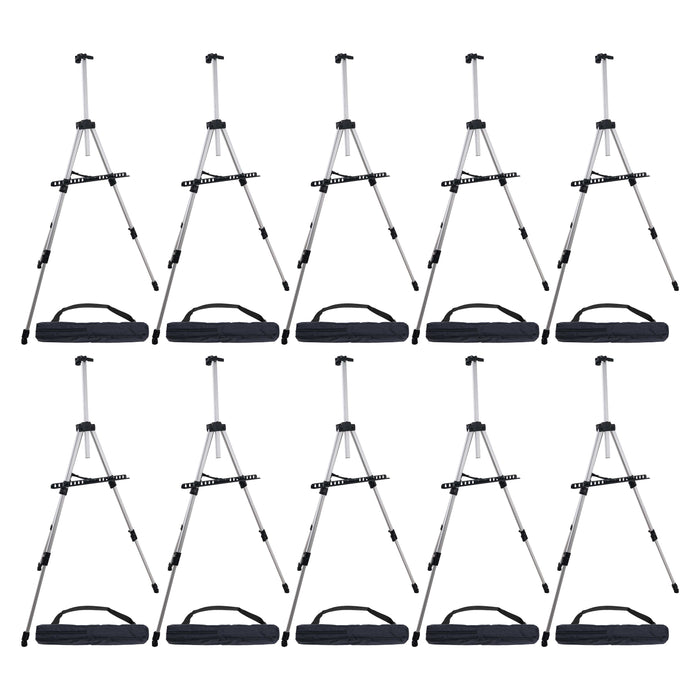 66" Sturdy Silver Aluminum Tripod Artist Field and Display Easel Stand, 10 Pack - Adjustable Height 20" to 5.5 Feet, Holds 32" Canvas - Floor Tabletop