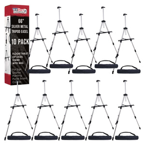66" Silver Metal Tripod Easel Display (10 Pack) - Adjustable 18"- 5.5', Holds 36" Canvas - Floor/Tabletop Easel Stand, For Sign Display, Painting, Poster Board, Canvas - Portable Bag