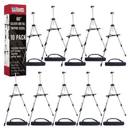 66" Silver Metal Tripod Easel Display (10 Pack) - Adjustable 18"- 5.5', Holds 36" Canvas - Floor/Tabletop Easel Stand, For Sign Display, Painting, Poster Board, Canvas - Portable Bag