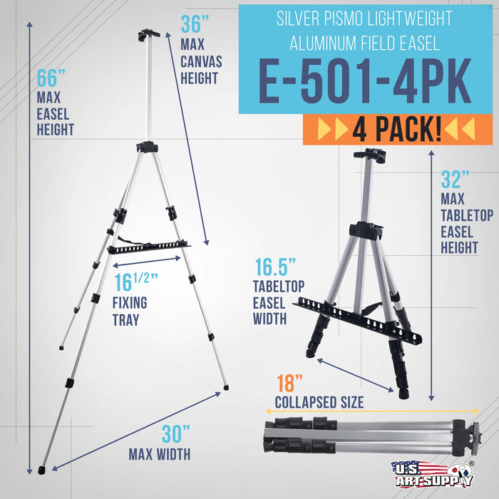 U.S. Art Supply 66" Silver Metal Tripod Easel Display (4 Pack) - Adjustable 18"- 5.5', Holds 36" Canvas - Floor/Tabletop Easel Stand, For Sign Display, Painting, Poster Board, Canvas - Portable Bag