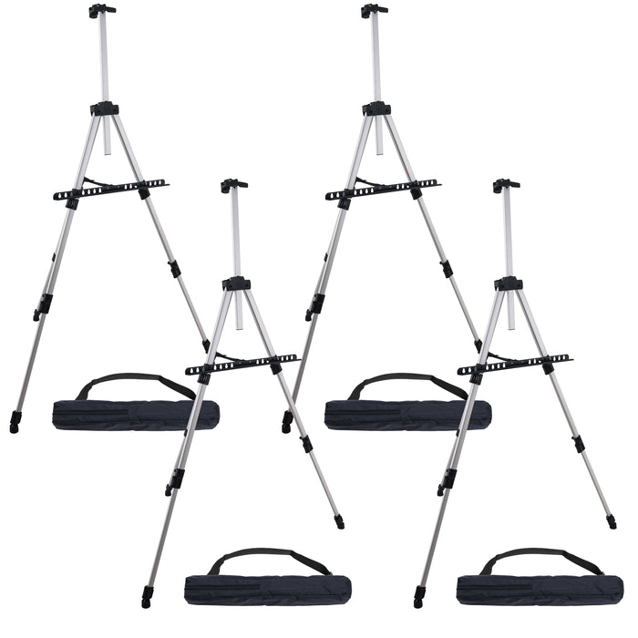 66" Sturdy Silver Aluminum Tripod Artist Field & Display Easel Stand (4 Pack) - Adjustable Height 20" to 5.5 Feet, Holds 32" Canvas - Floor Tabletop