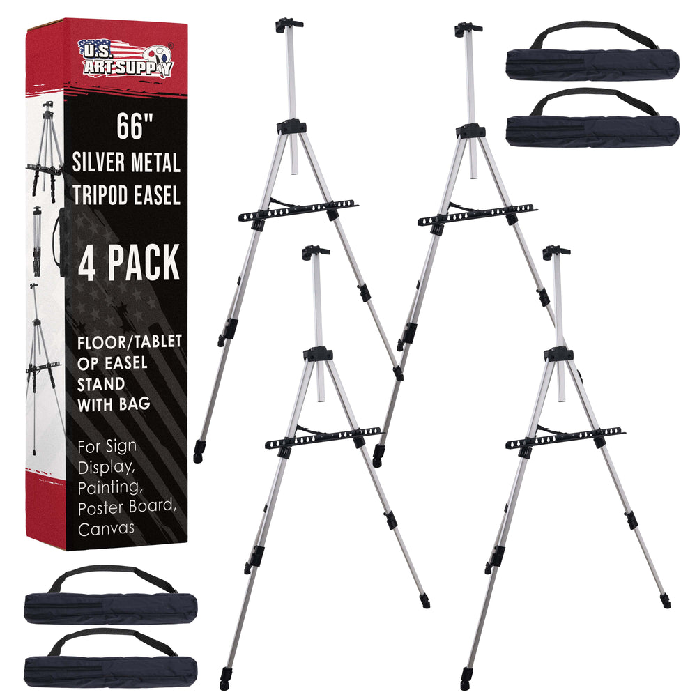 U.S. Art Supply 66" Silver Metal Tripod Easel Display (4 Pack) - Adjustable 18"- 5.5', Holds 36" Canvas - Floor/Tabletop Easel Stand, For Sign Display, Painting, Poster Board, Canvas - Portable Bag