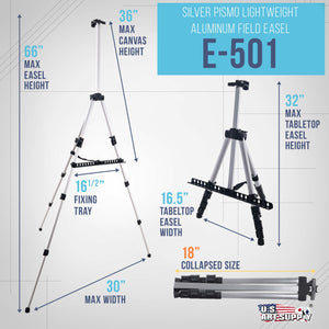 66" Silver Metal Tripod Easel Display - Adjustable 18"- 5.5', Holds 36" Canvas - Floor/Tabletop Easel Stand, For Sign Display, Painting, Poster Board, Canvas - Portable Bag