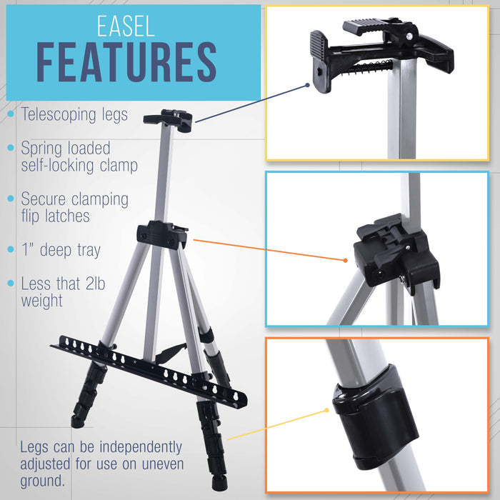 66" Silver Metal Tripod Easel Display - Adjustable 18"- 5.5', Holds 36" Canvas - Floor/Tabletop Easel Stand, For Sign Display, Painting, Poster Board, Canvas - Portable Bag