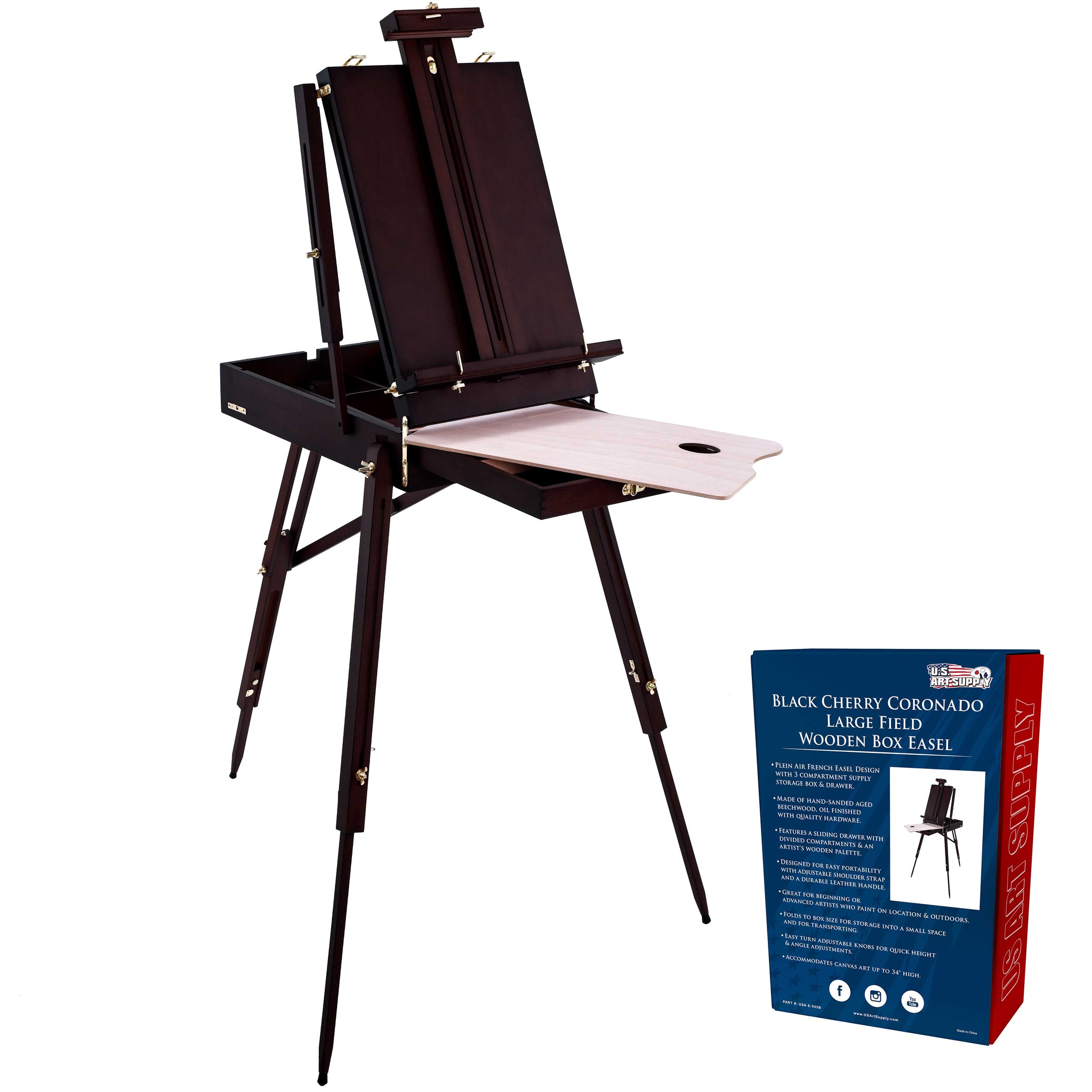 Large Black Cherry French Easel, Adjustable Plein Air Easels, Beechwood Sketchbox Tripod for Field & Studio Painting Easel for Adults, Drawing, Display - Portable with Drawer & Palette